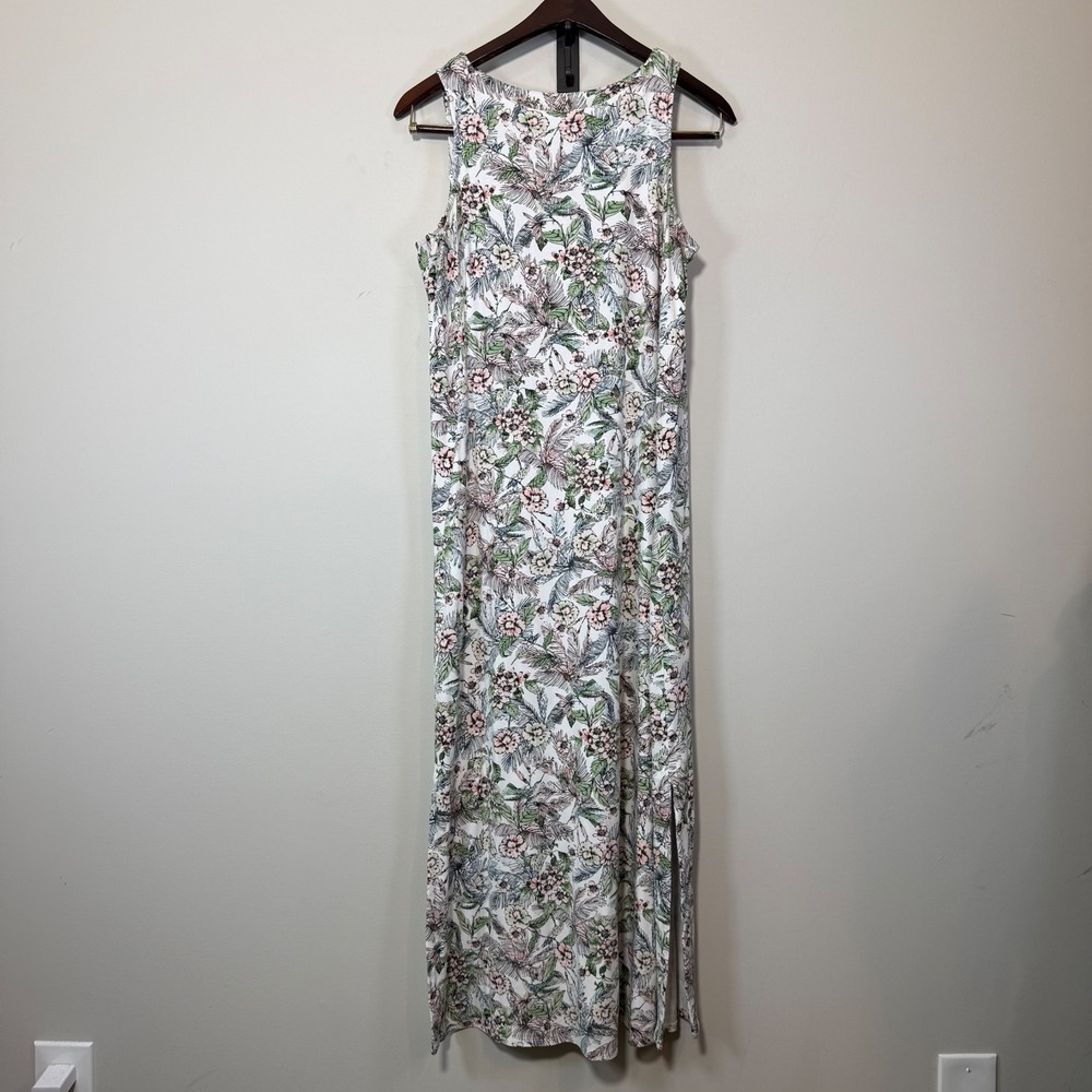 J. Jill Wearever Maxi Dress Women SP White Floral Botanical Travel Coastal Vaca
